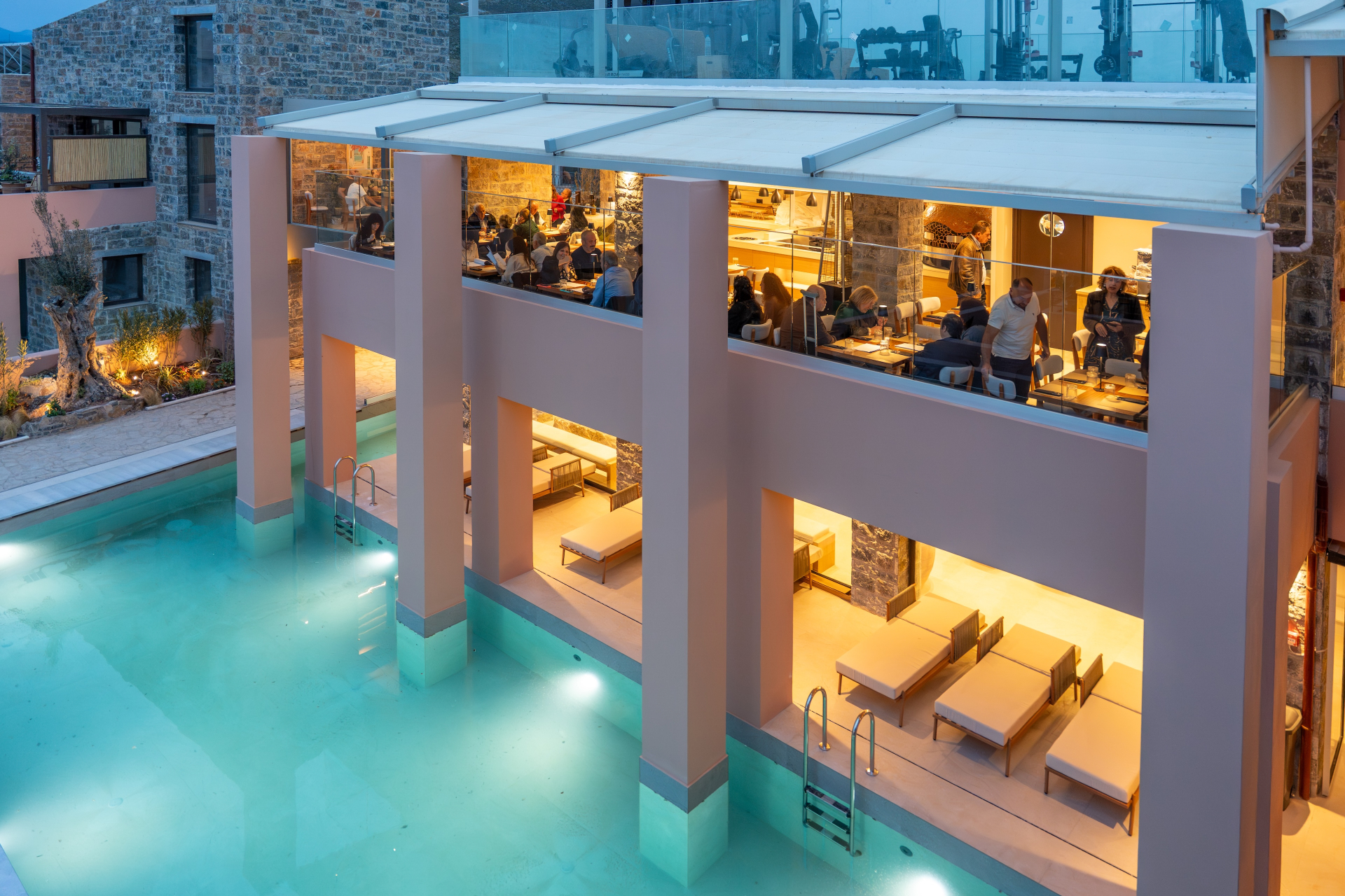 Poolside dining at dusk