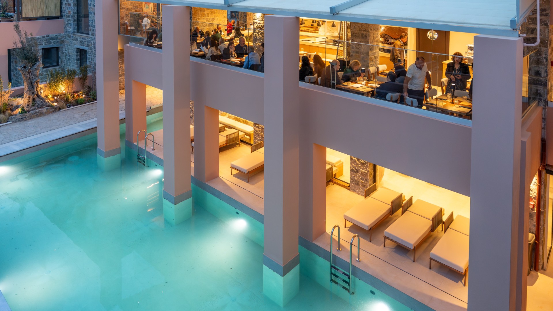 Poolside dining at dusk