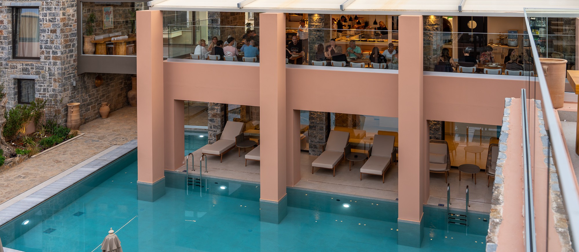 Poolside restaurant at dusk